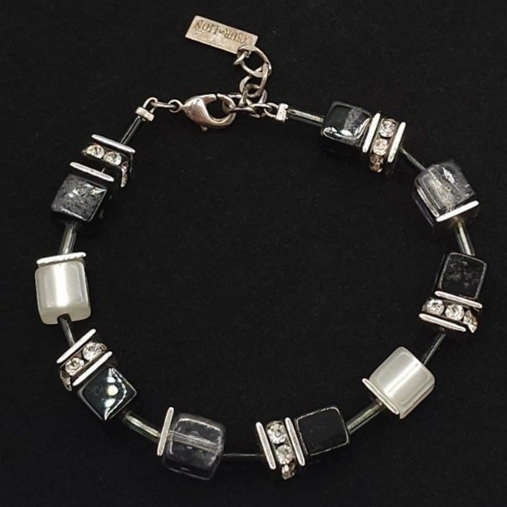 Coeur de Lion GeoCUBE Bracelet 7" Crystal & Black Bead Geometric German Designer